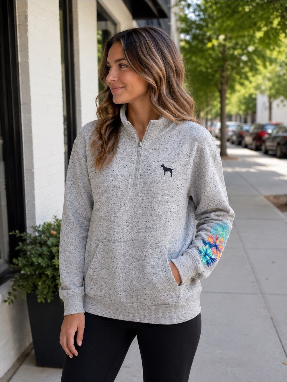 Victoria’s Secret PINK Half Zip Pullover Floral Sleeve Women’s Medium